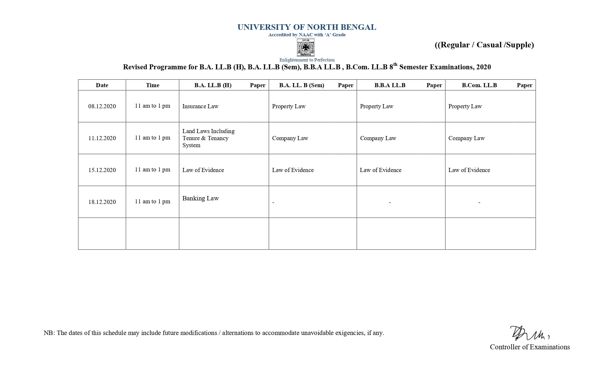 NBU REVISED ROUTINE 03-12-2020 NON-CBCS 8th SEMESTER